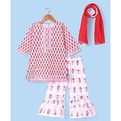 Babyhug Cambric Woven Three Fourth Sleeves Floral Printed Kurta & Palazzo Set with Dupatta - White & Pink