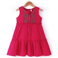 Babyhug Woven Sleeveless Rayon Embroidered Tiered Ethnic Dress - Hot Pink