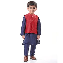 Babyhug Woven Full Sleeves Solid Kurta Pyjama Set With Sequins Embroidered Jacket - Navy Blue