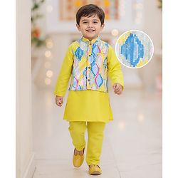 Babyhug Cotton Woven Full Sleeves Solid Kurta Pyjama Set with Printed Jacket - Yellow