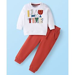 Babyhug Terry Knit Full Sleeves Text Embroidered T-Shirt & Joggers Set - Red & White