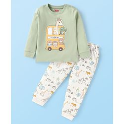 Babyhug Terry Knit Full Sleeves T-Shirt & Lounge Pant Set with Animal Print - Green & White