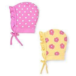 Babyhug 100% Cotton Caps With Floral & Polka Dots Print Pack Of 2 - Mustard & Pink