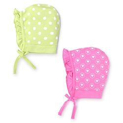 Babyhug 100% Cotton Caps With Hearts & Polka Dots Print Pack Of 2 - Light Green & Pink