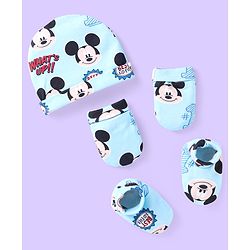 Babyhug Disney Interlock Knit Cap Mittens & Booties With Mickey Mouse Graphics - Light Blue