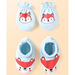 Babyhug Interlock Knit Mittens & Booties With Fox Print - Light Blue