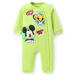 Babyhug Disney Interlock Knit Full Sleeves Romper with Mickey Mouse & The Lion King Graphics- Light Green