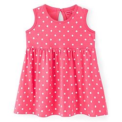 Babyhug Single Jersey Knit Sleeveless Frock with Polka Dots Print - Dark Pink