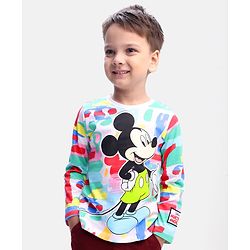 Babyhug Disney Single Jersey Full Sleeve T-Shirt With Mickey Mouse Graphics - White