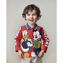 Babyhug Disney Single Jersey Knit Full Sleeves Polo T-Shirt With Mickey Mouse & Donald Duck Graphics - Red