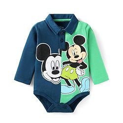 Babyhug Disney Interlock Knit Full Sleeves Onesie With Mickey Mouse Graphics - Navy Blue & Green