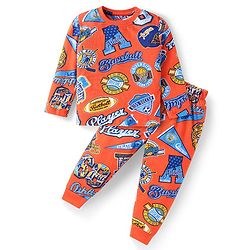 Babyhug Cotton Knit Full Sleeves Text Printed Night Suit - Orange