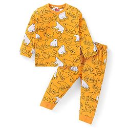 Babyhug Cotton Knit Full Sleeves Night Suit with Polar Bear Print - Mustard