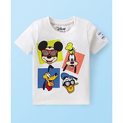 Babyhug Disney Single Jersey Knit Half Sleeves T-Shirt with Mickey Mouse and Family Graphics - Off White