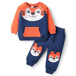 Babyhug Terry Knit Full Raglan Sleeves Tiger Printed T-Shirt & Lounge Pant - Orange & Navy Blue