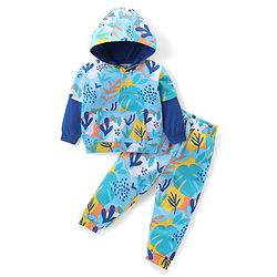 Babyhug Cotton Knit Full Sleeves Hooded Printed T-Shirt With Kangaroo Pocket & Lounge Pants Co-Ord Set - Multicolor
