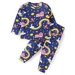 Babyhug Cotton Knit Full Sleeves Night Suit With Floral & Animal Print - Navy Blue