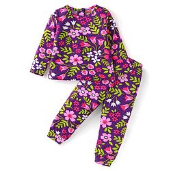 Babyhug Cotton Knit Full Sleeves Floral Printed Night Suit - Purple