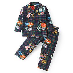 Babyhug Cotton Knit Full Sleeves Checkered Night Suit With Camping Theme Print - Navy & Dark Green