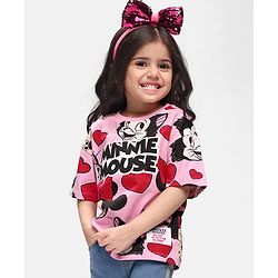 Babyhug Disney Single Jersey Drop Shoulder Oversized Half Sleeves T-Shirt with Minnie Mouse Print -Pink