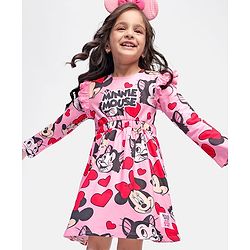 Babyhug Disney Single Jersey Knit Full Sleeves Minnie Mouse Printed Frock with Frill Detailing - Pink