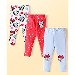 Babyhug Disney Lycra Knit Full Length Leggings With Minnie Mouse Graphics Pack of 3 - Red White & Light Grey