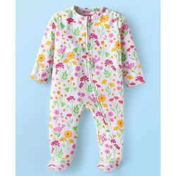 Babyhug Cotton Knit Full Sleeves Floral Printed Footed Front Open Sleep Suit - White