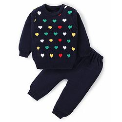 Babyhug Knitted Full Sleeves Pullover Sweater Set With Heart Design - Navy