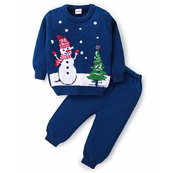 Babyhug Knitted Full Sleeves Pullover Sweater Set With Christmas Theme Design - Navy