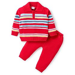 Babyhug Knitted Full Sleeves Collar Neck Sweater Set With Stripes Design - Red