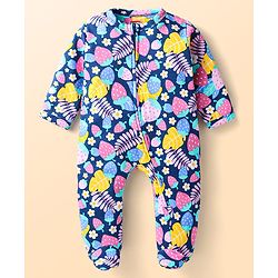 Babyhug Cotton Knit Full Sleeves Sleep Suit With Floral & Fruit Print - Navy Blue