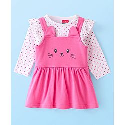 Babyhug 100% Cotton Knit Full Sleeves Polka Dots Printed T-Shirt & Frock Style Onesie - Pink & White
