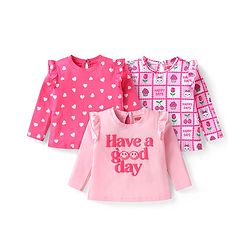 Babyhug Cotton Knit Full Sleeves Hearts & Text Graphics T-Shirts with Frill Detailing Pack of 3 - Dark Pink