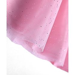 Babyhug Mesh Woven Half Puffed Sleeves Glitter Printed Frock with Bow Applique - Pink