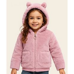 Babyhug Full Sleeves Fur Hooded Winter Jacket with Ears Applique - Light Pink