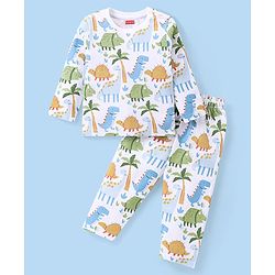 Babyhug Cotton Knit Full Sleeves Night Suit Dino Print - White