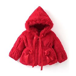 Babyhug Fur Woven Full Sleeves Hooded Winter Jacket With Pom Pom Applique - Red