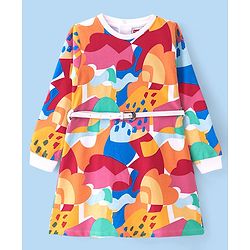Babyhug Cotton Knit Full Sleeves Printed Frock with Belt - Multicolor