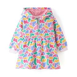 Babyhug Cotton Knit Full Sleeves Hooded Printed Frock - Multicolor