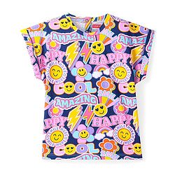 Babyhug Cotton Knit Cap Sleeves T-Shirt With Floral Print - Navy Blue