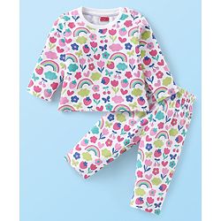 Babyhug Cotton Knit Full Sleeves Floral Printed Night Suit - White