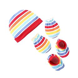 Babyhug 100% Cotton Knit Striped Cap Mittens And Booties - Multicolor