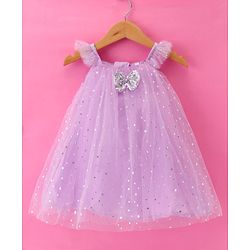 Babyhug Woven Frill Sleeves Foil Printed A Line Party Frock with Bow Applique - Lilac