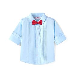 Babyhug Cotton Woven Full Sleeves Solid Shirt with Pintucks Detailing & Bow - Light Blue