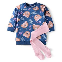 Babyhug Single Jersey Knit Full Sleeves Bear Printed Sweatshirt Frock with Leggings - Navy Blue