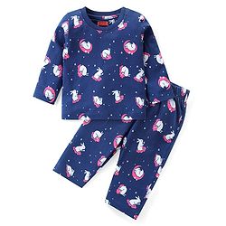 Babyhug Cotton Knit Full Sleeves Night Suit with Rabbit Print - Navy Blue