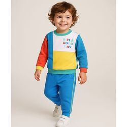 Babyhug Terry Knit Full Sleeves Cut & Sew T-Shirt & Lounge Pants Set With Text Print - Blue