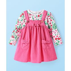 Babyhug Cotton Woven Frock & Full Sleeves Inner Tee With Floral Print & Bow Applique - Light Pink