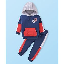 Babyhug Terry Knit Full Doctor Sleeves Hooded Cut & Sew Sweatshirt & Joggers Set with Kangaroo Pockets & Patch - Navy Blue