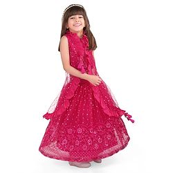 Babyhug Woven Sleeveless Sequined Embroidered Choli Lehenga Set with Shrug & Frill Detailing - Fuschia